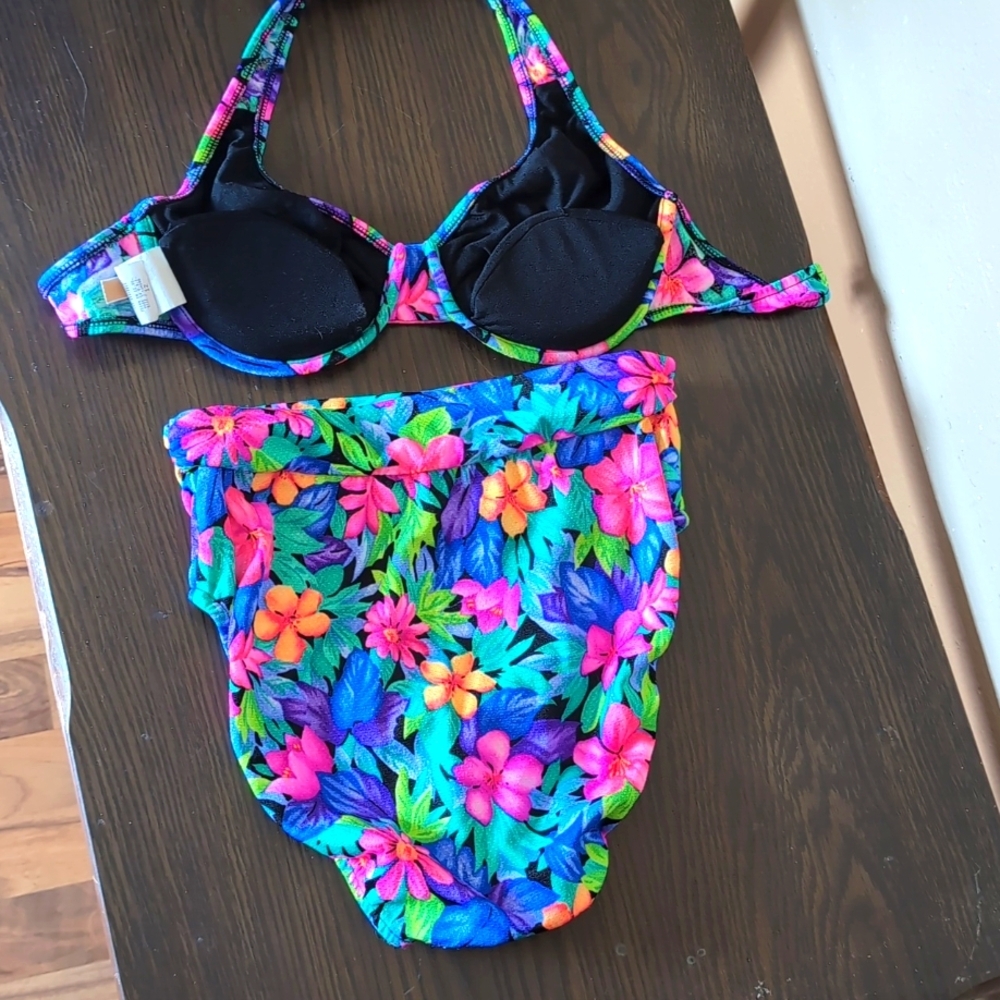 Vintage Le Cove High Waist Neon Floral Bikini Swimsuit - Picture 6 of 14